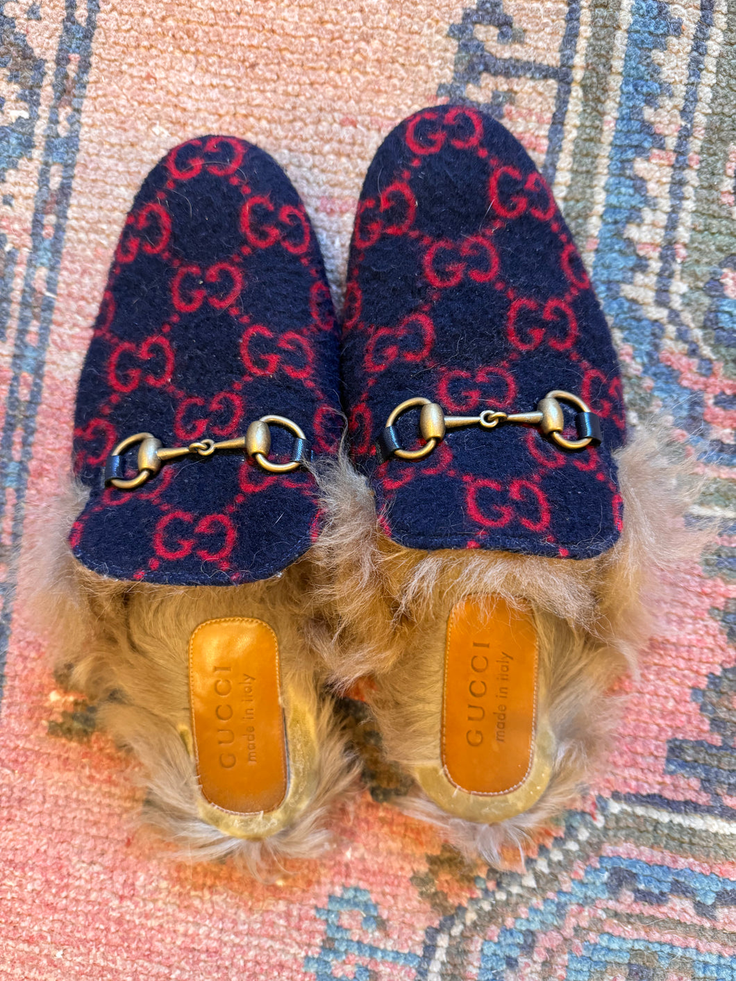 Gucci Princetown Fur Lined Mules in Navy Felt, M7, W9.5