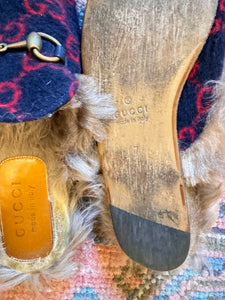 Gucci Princetown Fur Lined Mules in Navy Felt, M7, W9.5